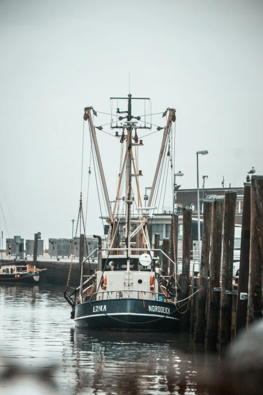 a shrimp boat is parked at the pier