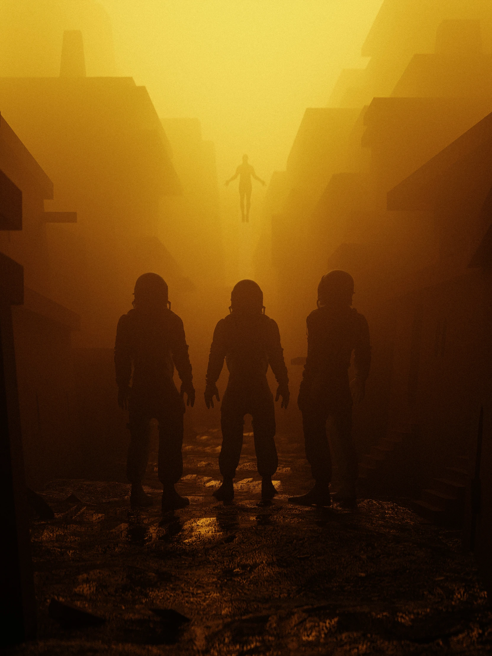 silhouettes of people walking through a dark foggy alley