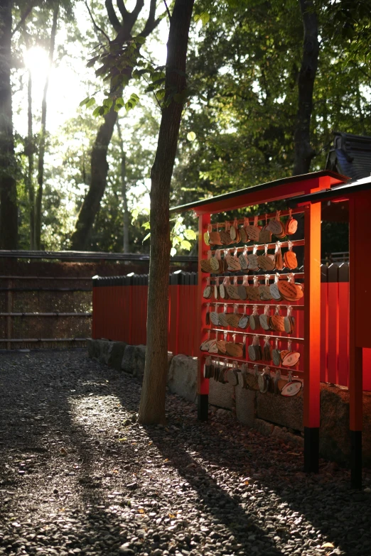 a red box with cups inside is on display