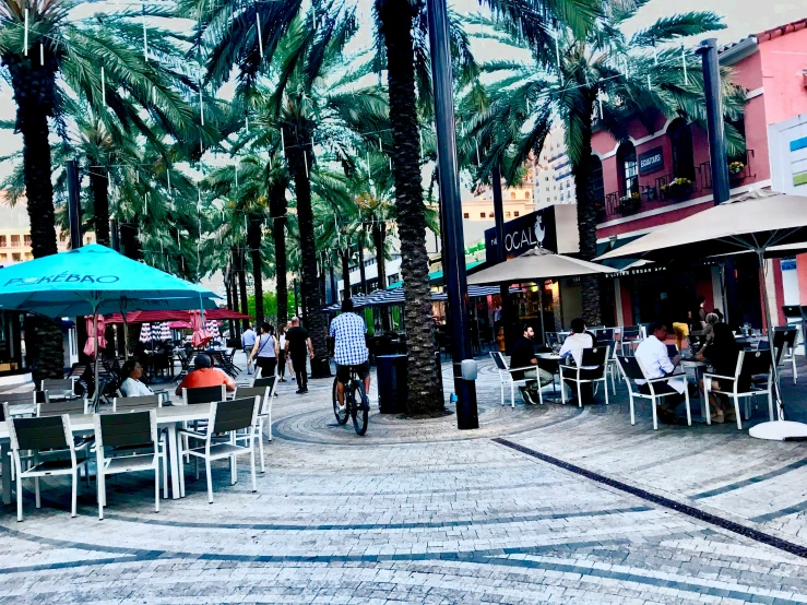 people sitting under blue umbrellas in a restaurant with palm trees