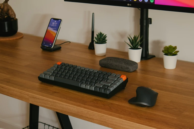 a computer keyboard with a phone and cacti nearby