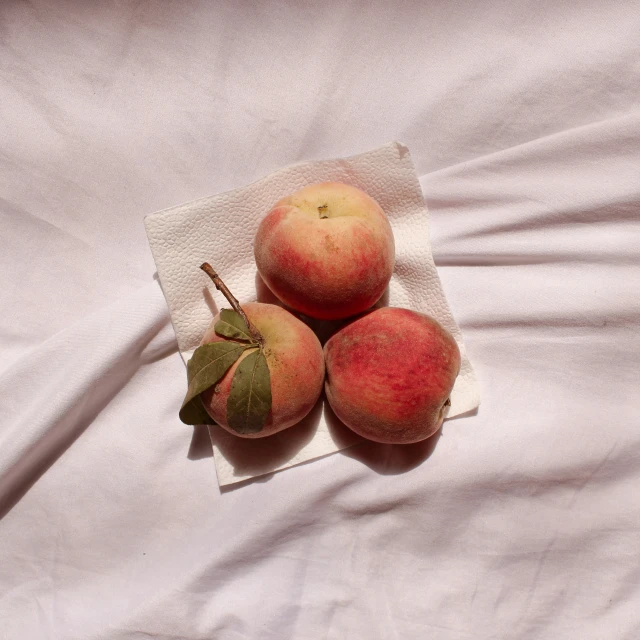 four ripe peaches sitting on top of a white cloth