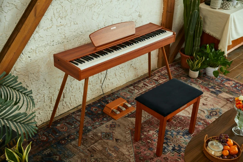 an old wooden piano is in the corner of a living room