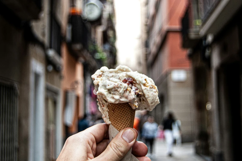 a hand holding a small ice cream cone