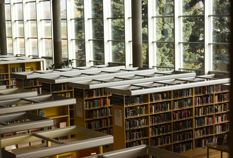 rows of bookshelves and tables in the middle of a liry