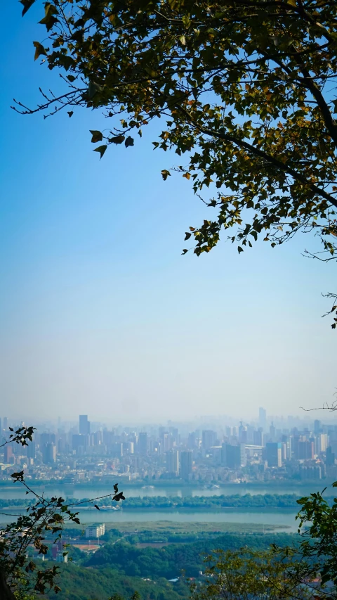 view of the city in the distance and a body of water