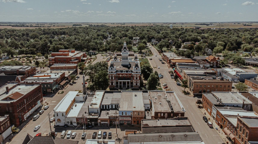 this is an aerial view of a city with buildings