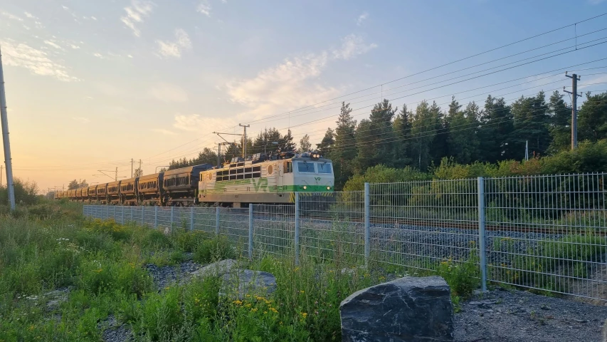 a train travels along tracks beside a forest