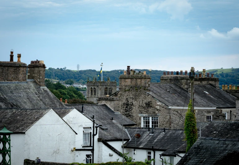 the tops of old houses line up against a hillside