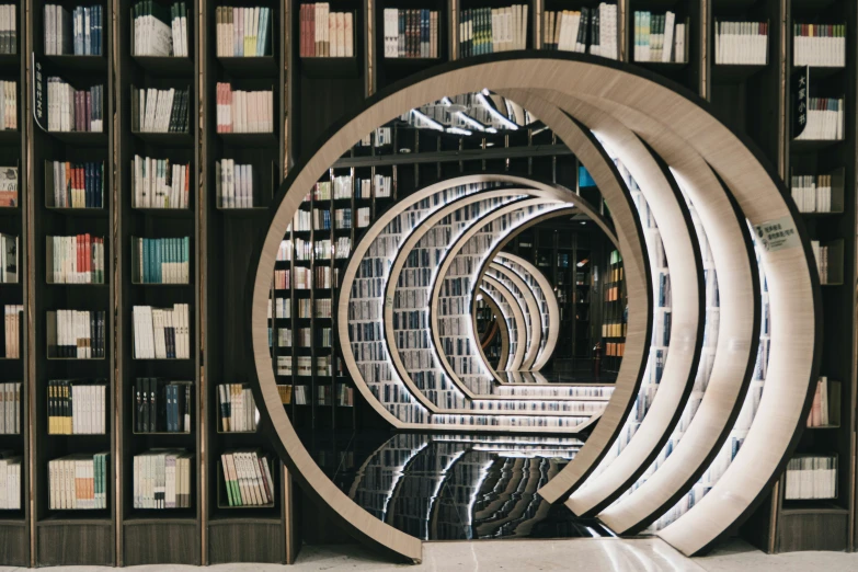 an artistic design is shown in the middle of bookshelves
