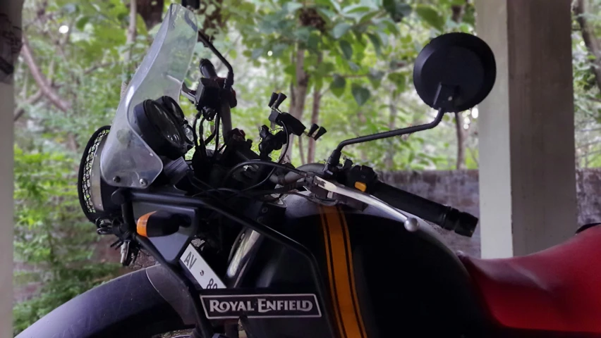 a close up view of a motorcycle parked outside