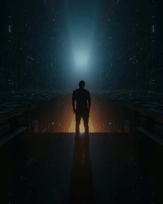 a man standing in the middle of a dark corridor at night