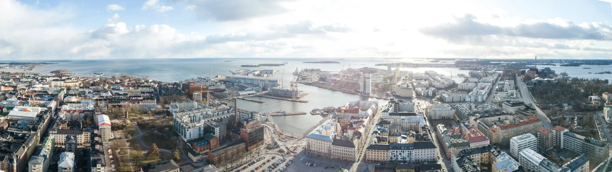 this aerial view shows an elevated city by the ocean