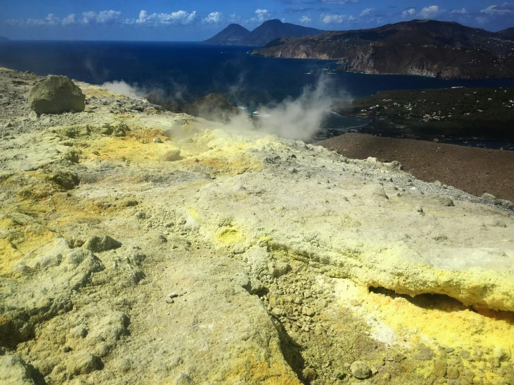 the cliff and beach near the ocean are covered in yellow algae