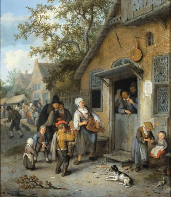 a painting of people outside a rural building