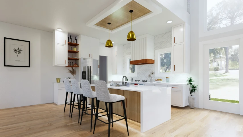 a kitchen with white walls and wooden floor