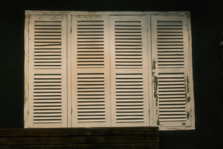 a view through some white shutters into a building