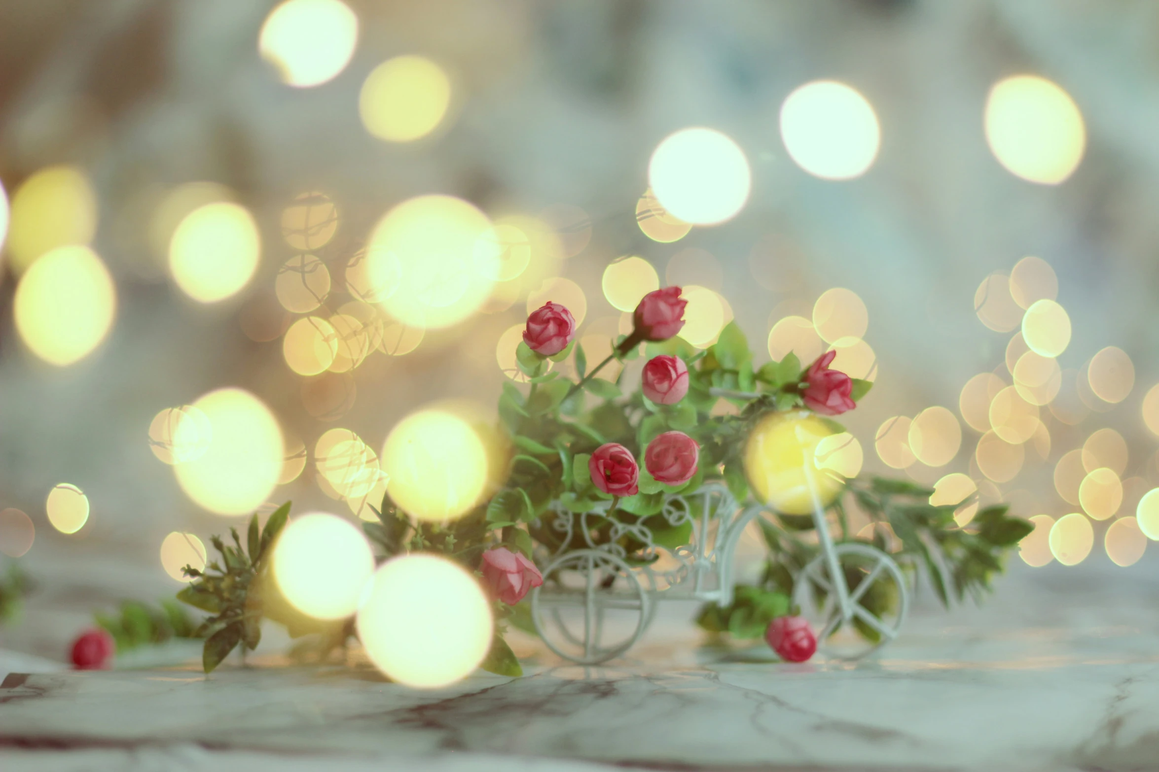 a table topped with roses and a toy bike