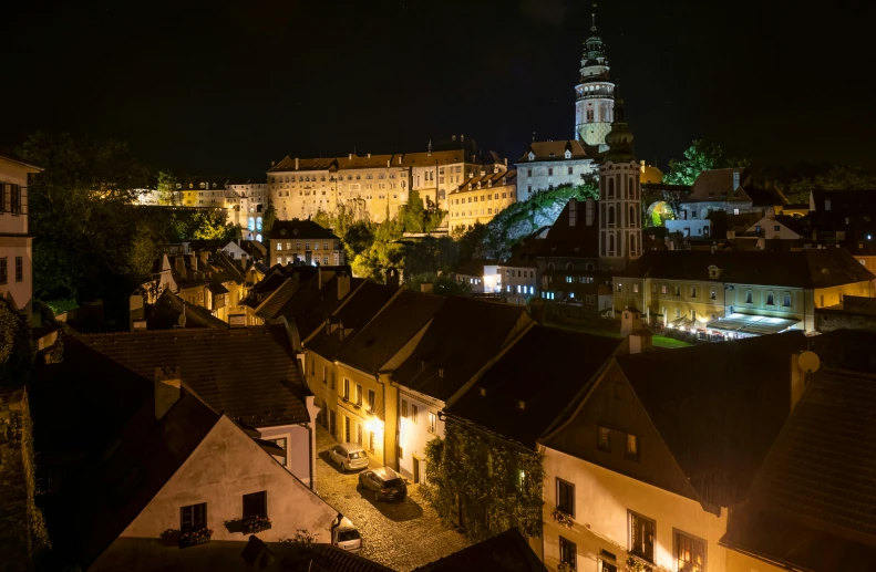 a city skyline with buildings at night