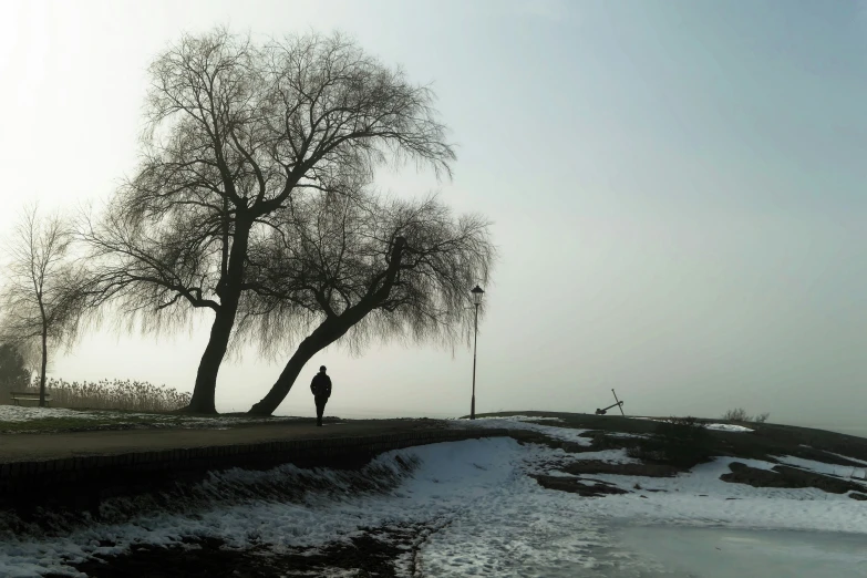 lone man walking down side of road in winter