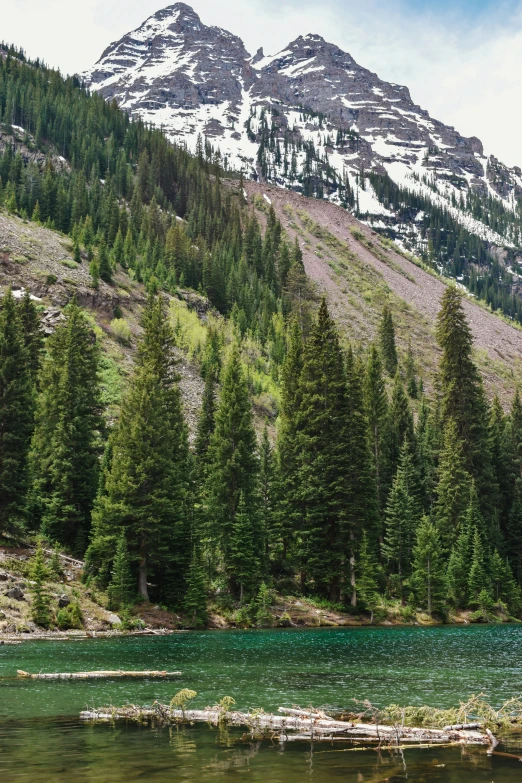 a beautiful view of some mountains, some trees and a lake