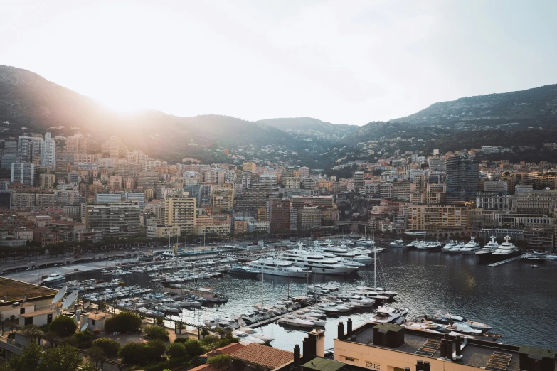 an aerial view of boats at a marina