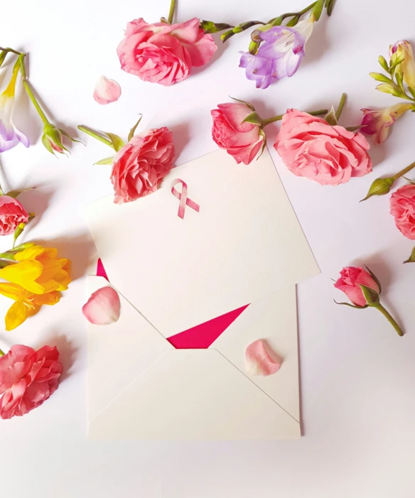 colorful flowers surround an empty card on a white surface