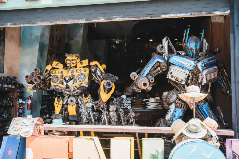 a window display of various types and colors of toys