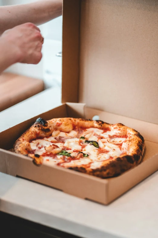 a large box with a small pizza in it