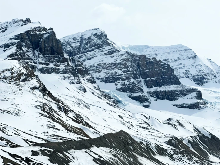 a large snowy mountain surrounded by mountains on a gray sky day