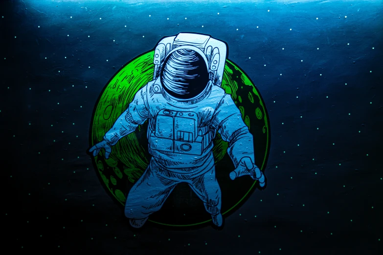 an astronaut with arms outstretched inside of a circular object