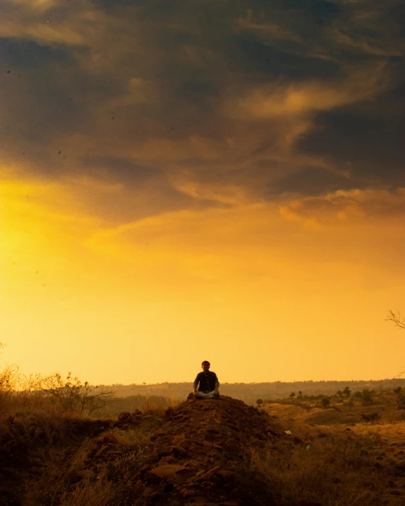 a lone man sits in a landscape near a forest