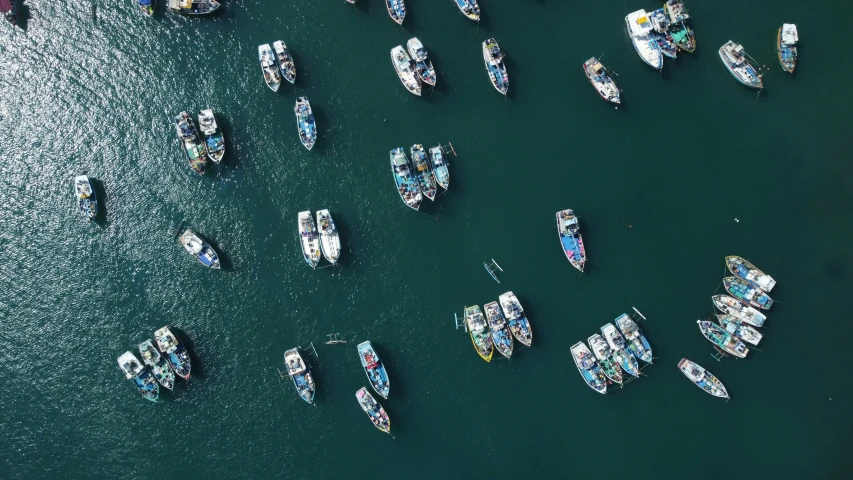 many small boats in the ocean with many larger ones