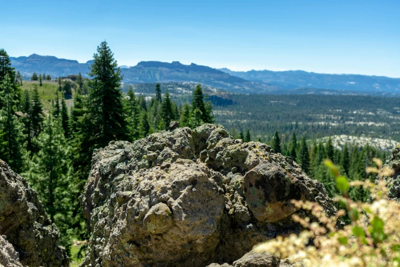 a large rock sitting on the side of a grass covered hillside