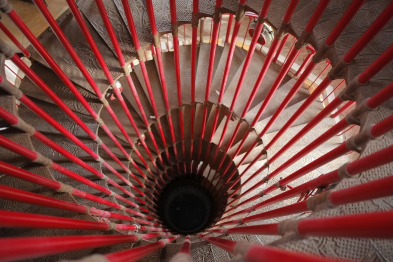 the top view of a spiral wooden staircase