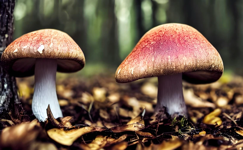 two mushroom sitting next to each other near a tree