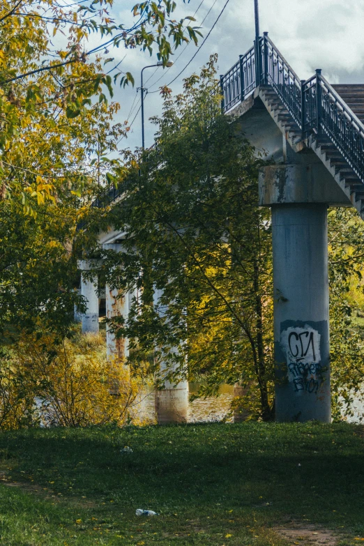 a bridge that is above the water near trees