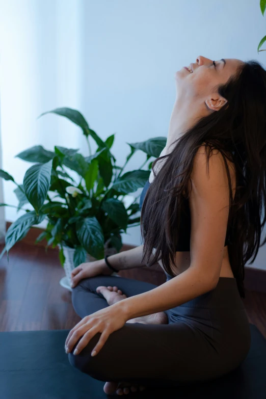 a woman in a meditation pose near a potted plant