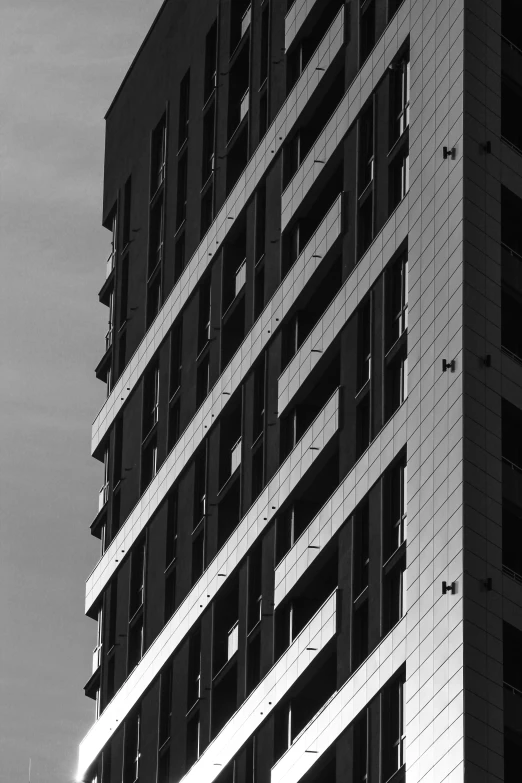 the black and white image is of a tall building