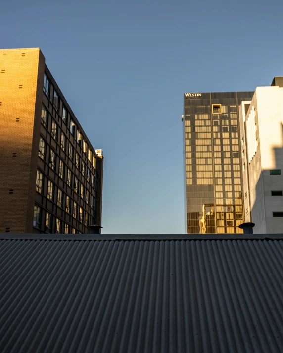 a row of buildings with different skyscrs in the background