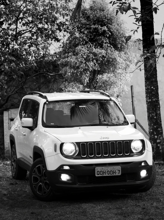 a jeep is parked near some trees outside