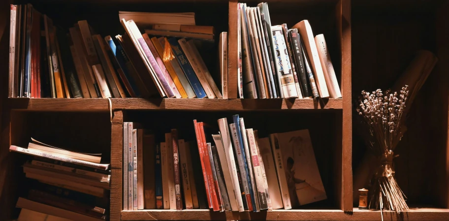 a bookshelf containing books in various colors and sizes