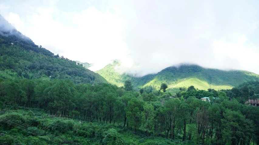 a hill covered in trees surrounded by a cloudy sky