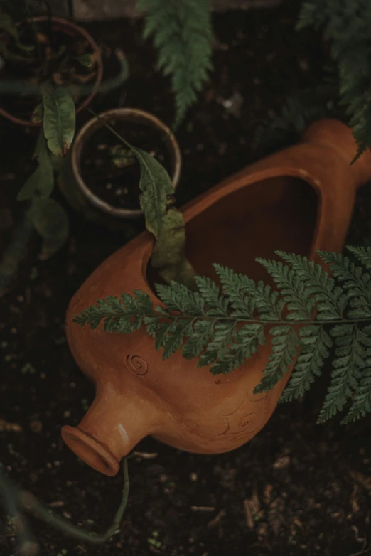 a brown vase with green ferns in it