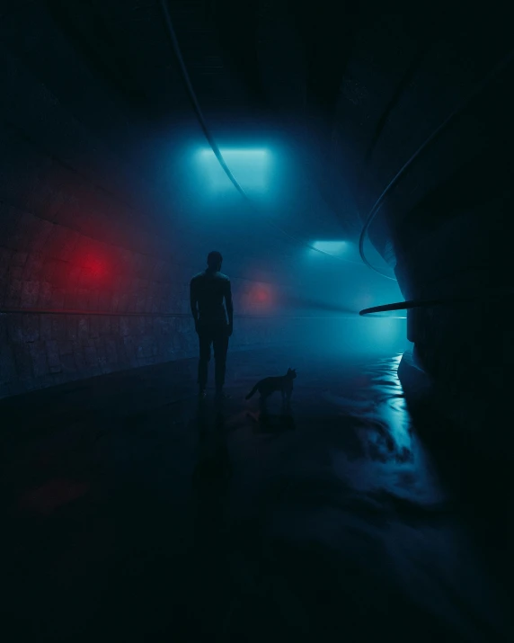 the silhouette of man and dog in a dark, foggy alley