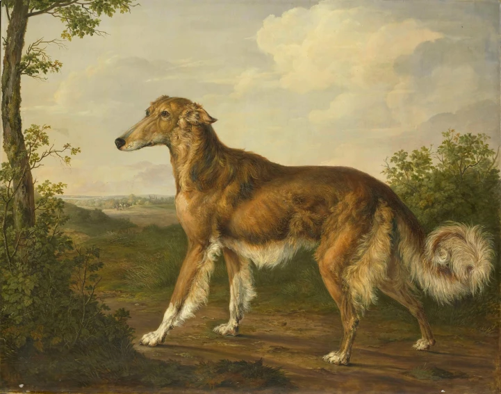 a painting of a dog standing in the woods