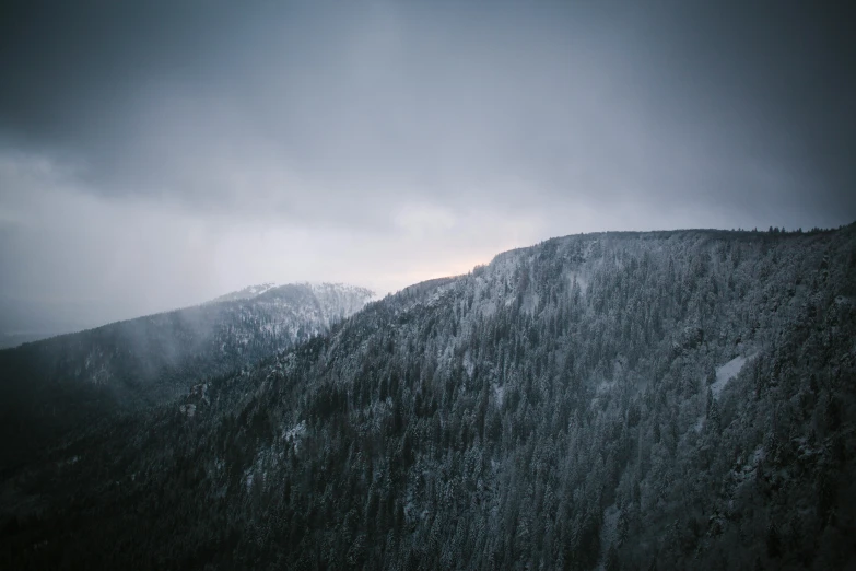 snow covered mountains on a gloomy day