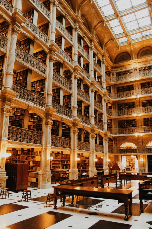 an ornate liry full of books is lit by an impressive roof