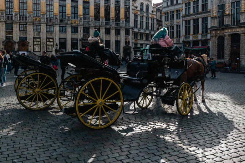 people are walking around in front of some very fancy horses and carriage