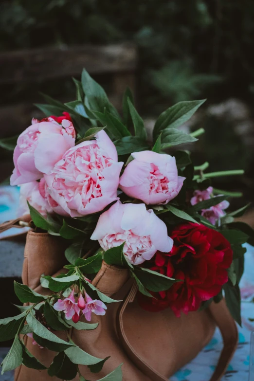 flowers are in a bag with leaves on the ground